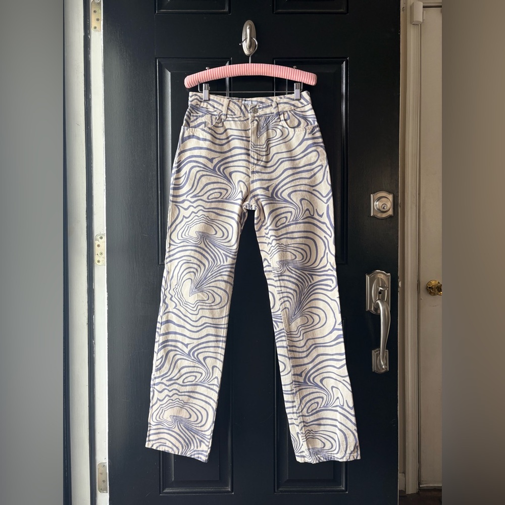 Zara Cream Blue Abstract Straight Leg Denim Jeans Size 4 - Picture 5 of 13